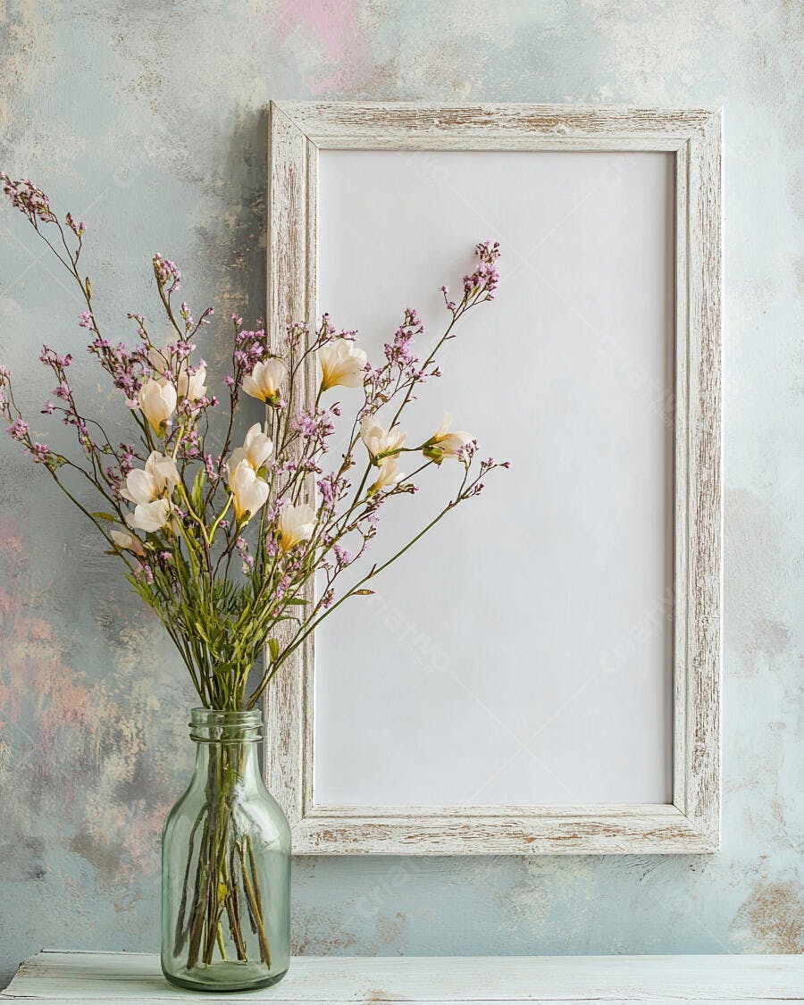 Vaso de flores delicadas ao lado de moldura rústica em parede texturizada