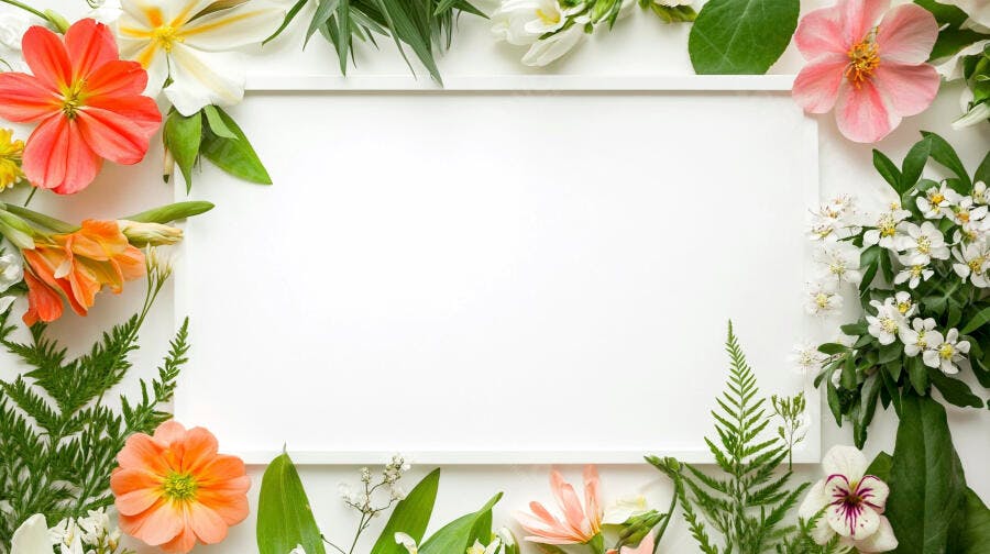 Moldura de flores coloridas e folhas verdes em fundo branco para mensagem