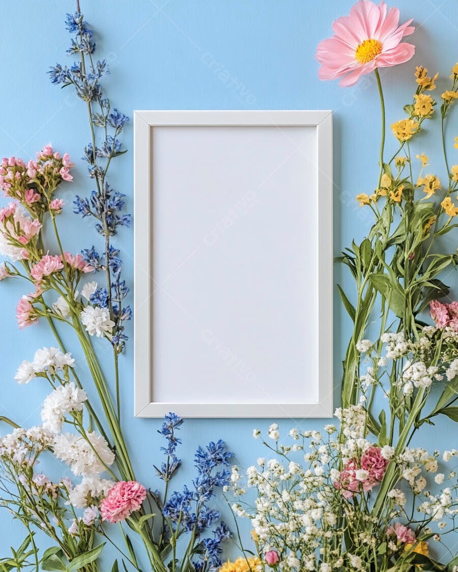 Moldura branca vazia cercada por flores campestres em fundo azul primavera