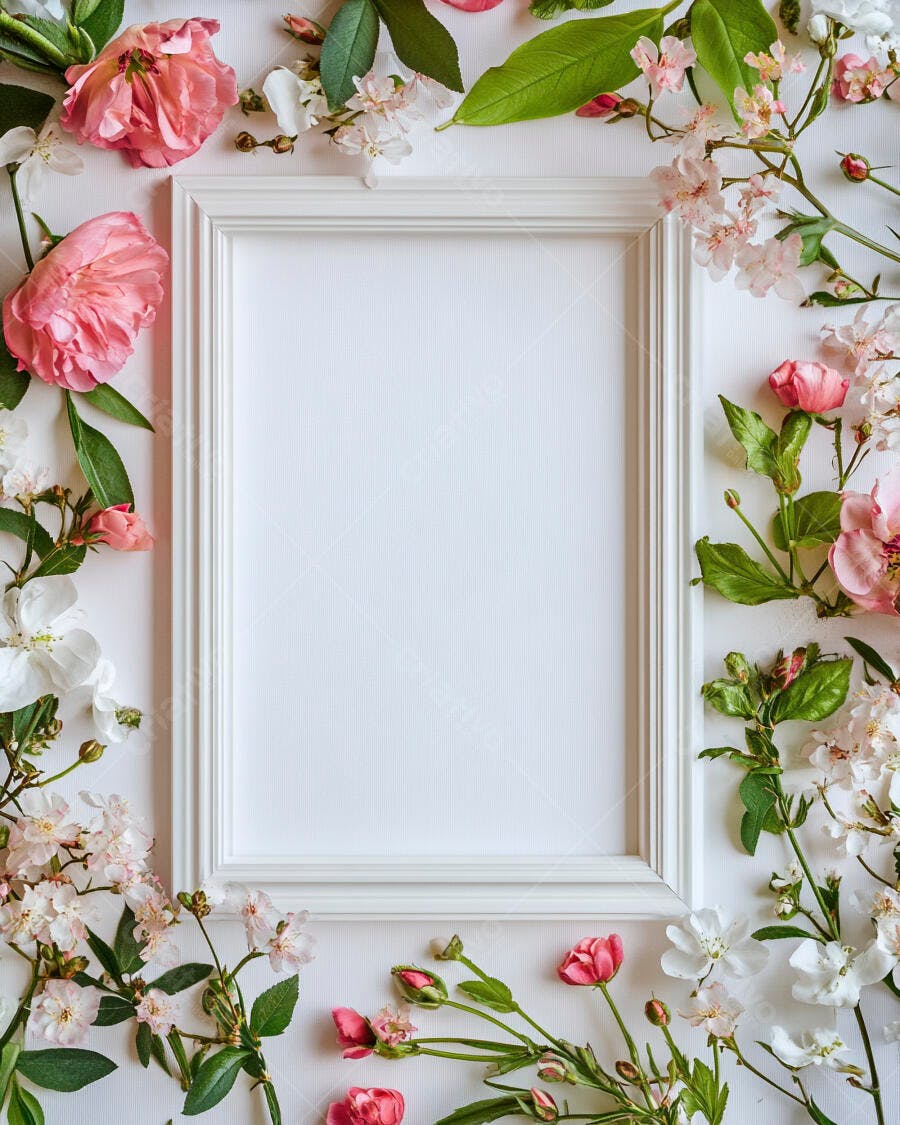 Quadro branco vazio com moldura e flores cor de rosa e brancas ao redor
