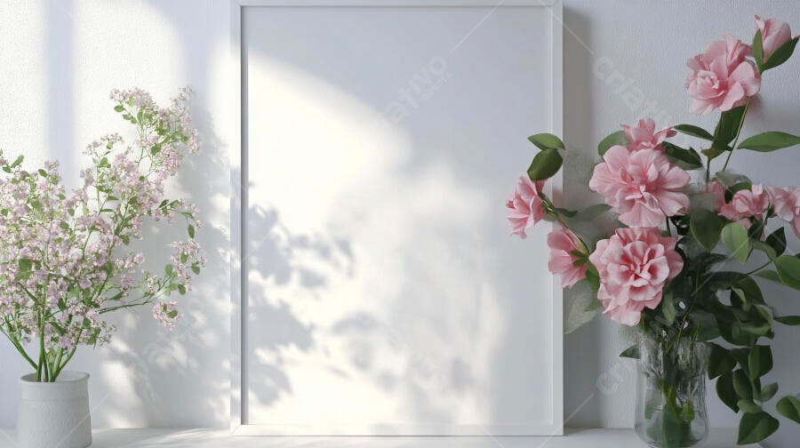 Moldura branca mockup com flores rosa e sombras na parede