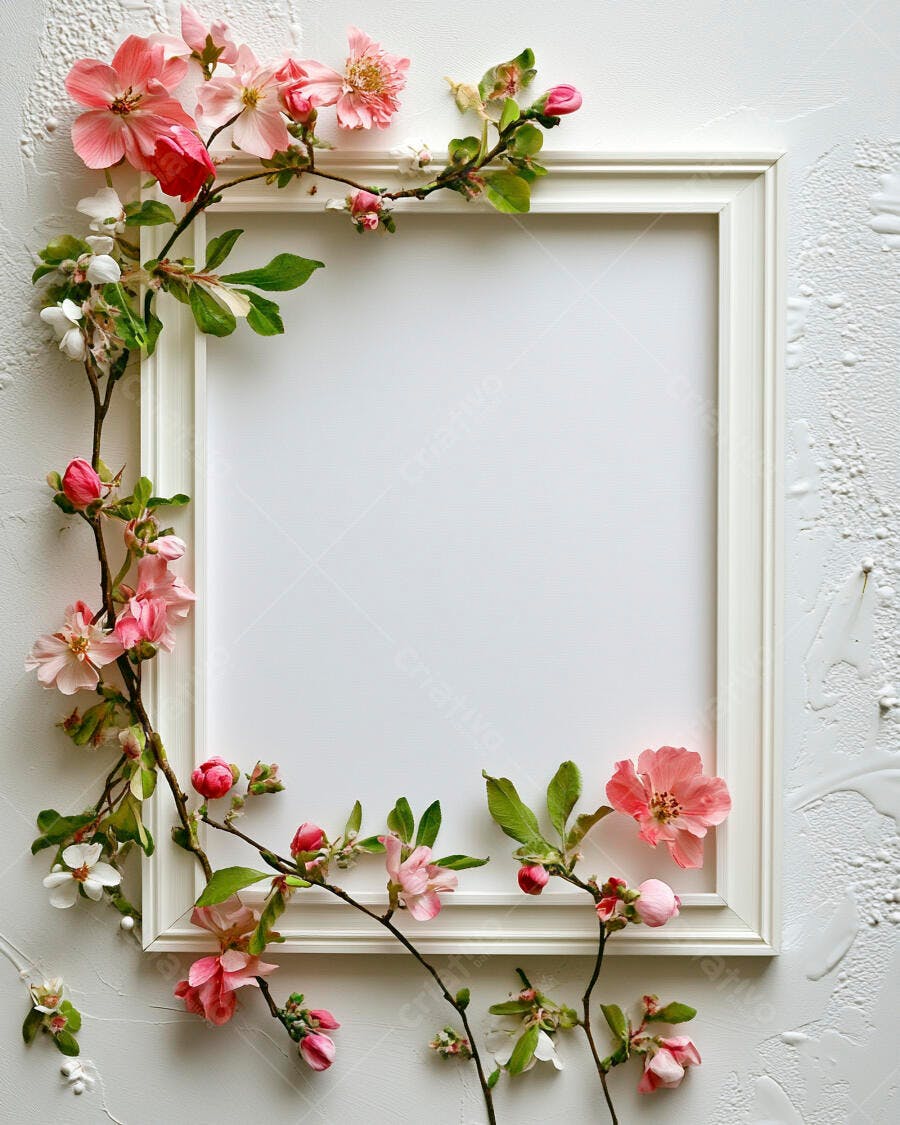 Moldura branca floral com flores rosa e folhas verdes para primavera