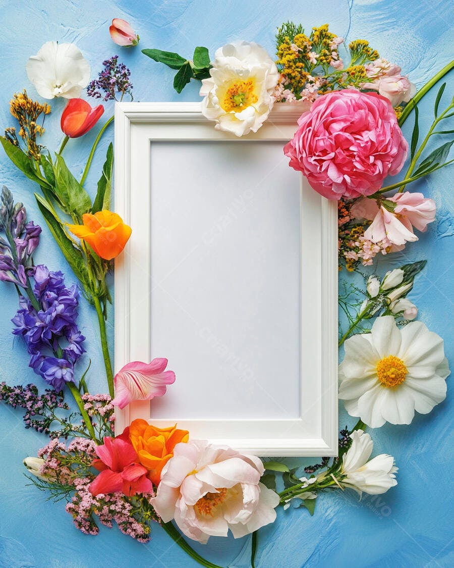 Moldura branca com arranjo floral colorido em fundo azul texturizado