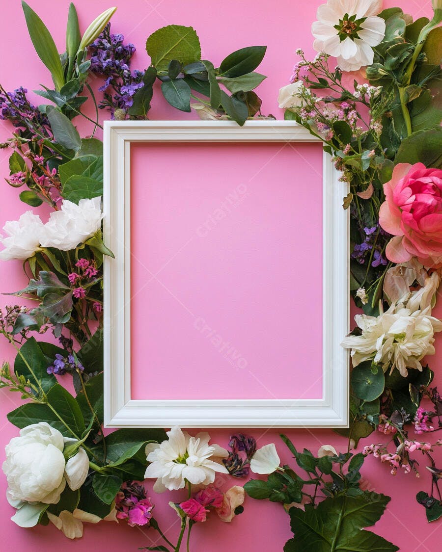 Moldura branca vazia cercada por flores coloridas vibrantes em fundo rosa