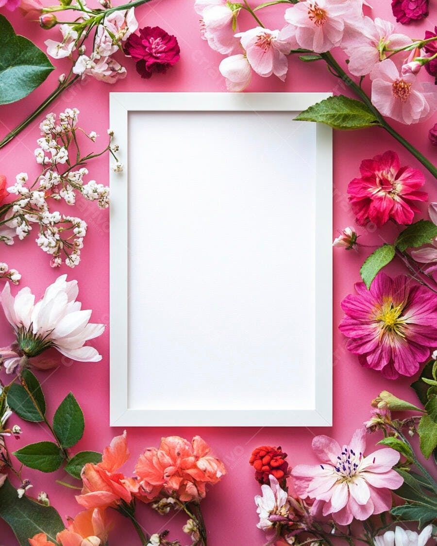 Quadro branco vazio com moldura em fundo rosa com flores coloridas