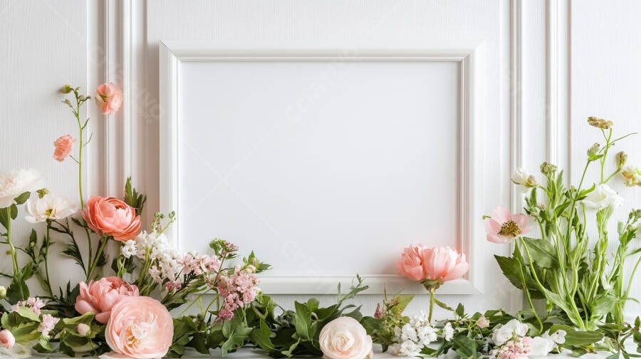 Moldura branca vazia com flores rosas e brancas em parede de boiseries