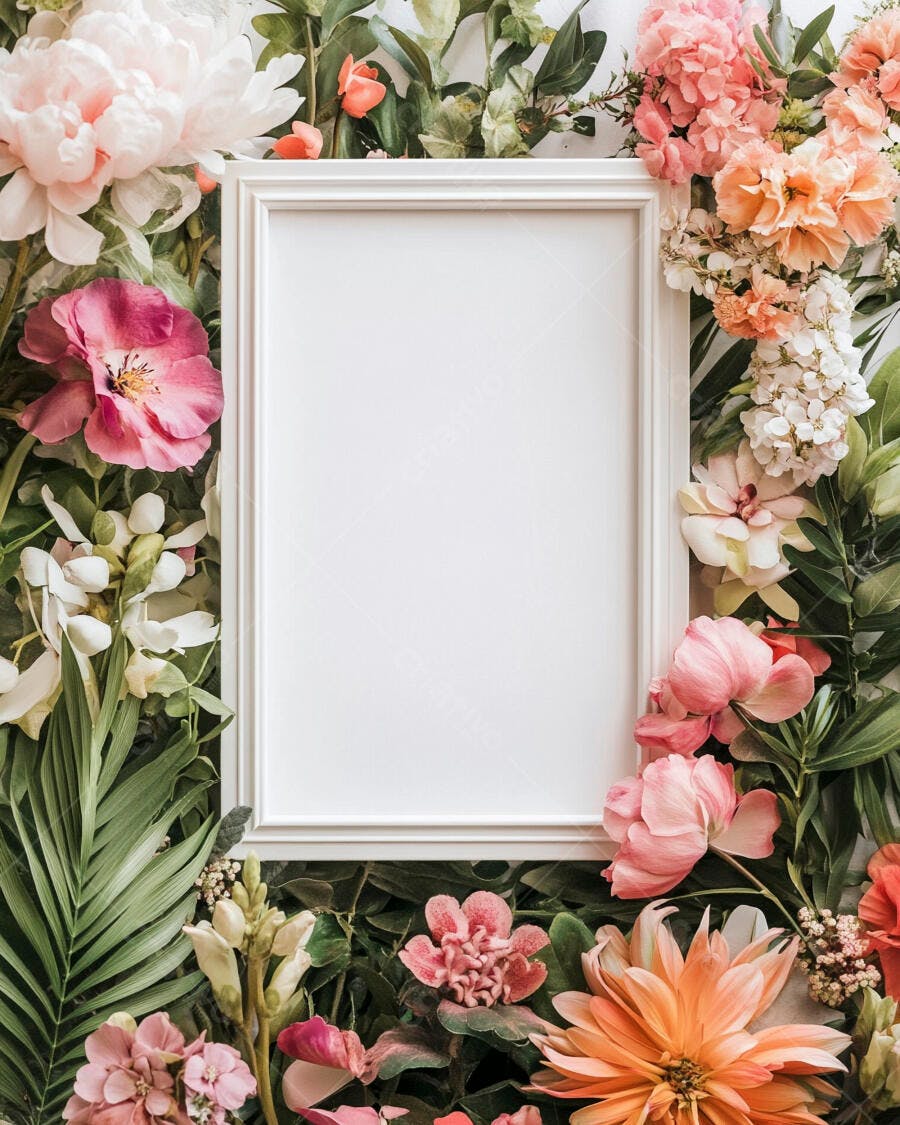 Quadro branco com borda de flores pastel e folhagens verdes