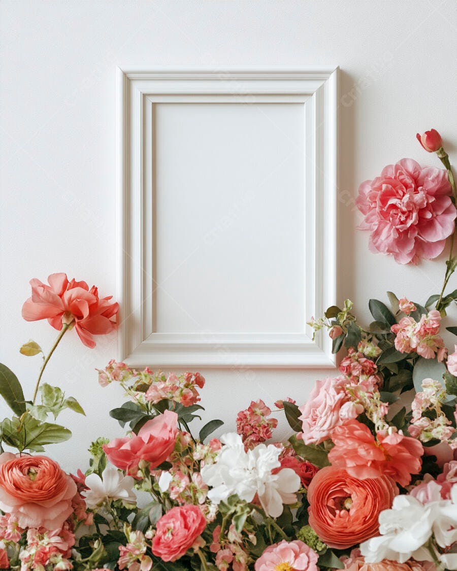 Moldura branca vazia com flores rosa e coral em fundo minimalista claro