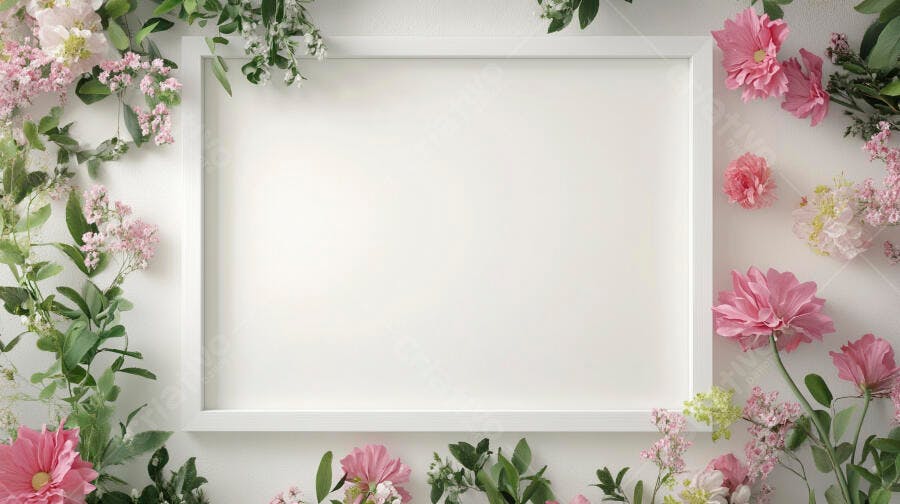 Moldura branca vazia com flores cor de rosa e folhas verdes tema primavera