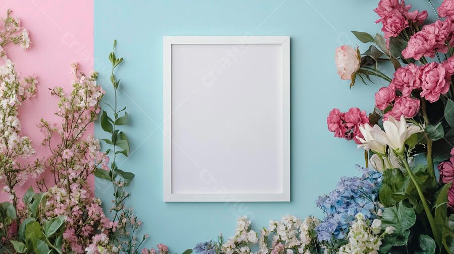 Moldura branca vazia cercada por flores coloridas em fundo rosa e azul claro