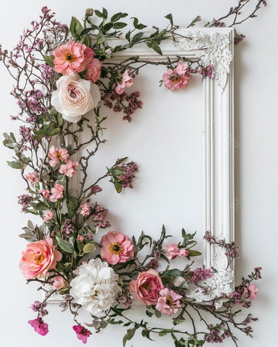 Moldura branca ornamentada com flores rosa e folhagens para design