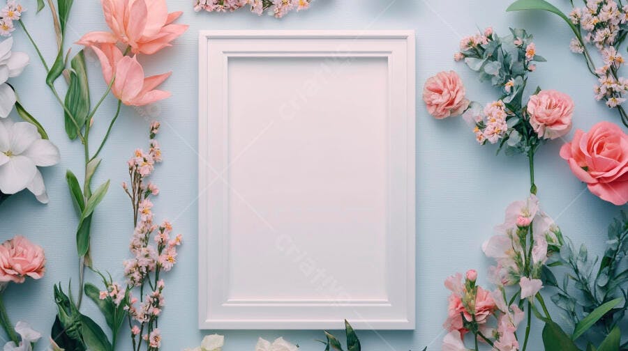 Moldura branca vazia cercada por flores cor de rosa e brancas em fundo azul claro