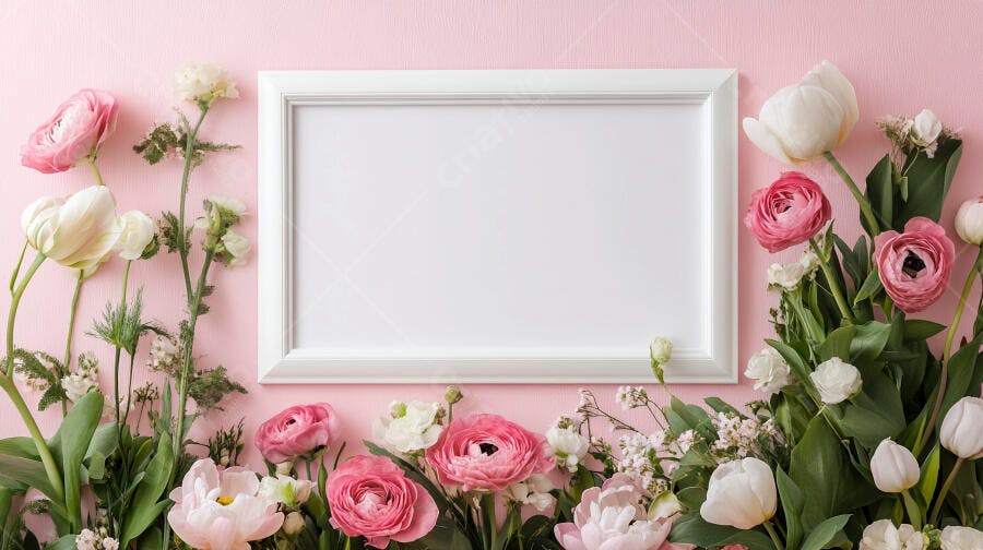 Moldura branca cercada por flores cor de rosa e brancas em fundo rosa