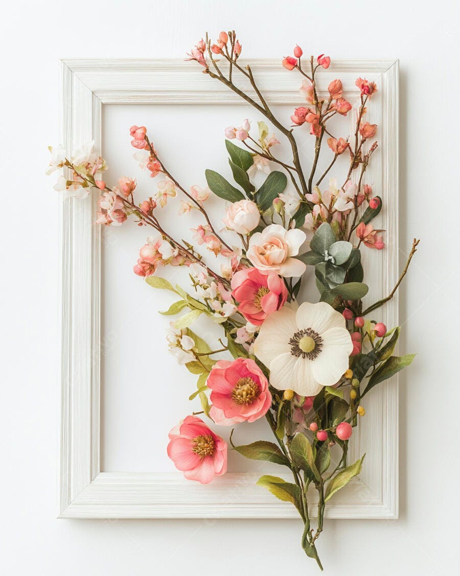 Arranjo floral rosa e branco com moldura em flat lay para primavera