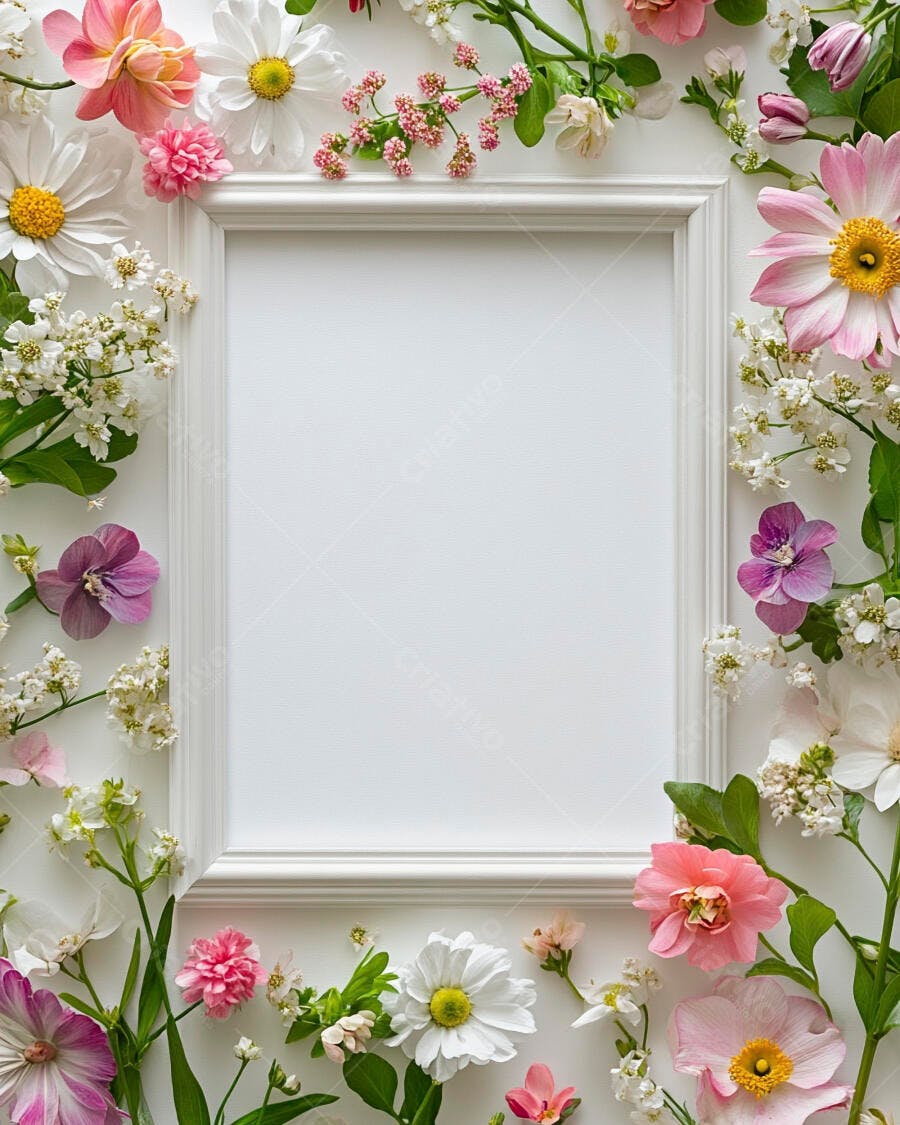 Moldura branca com borda floral colorida e folhas verdes em fundo claro