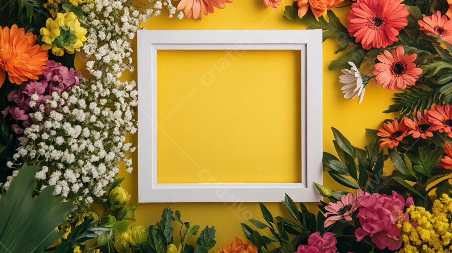 Branco quadro vazio flores coloridas vibrantes fundo amarelo
