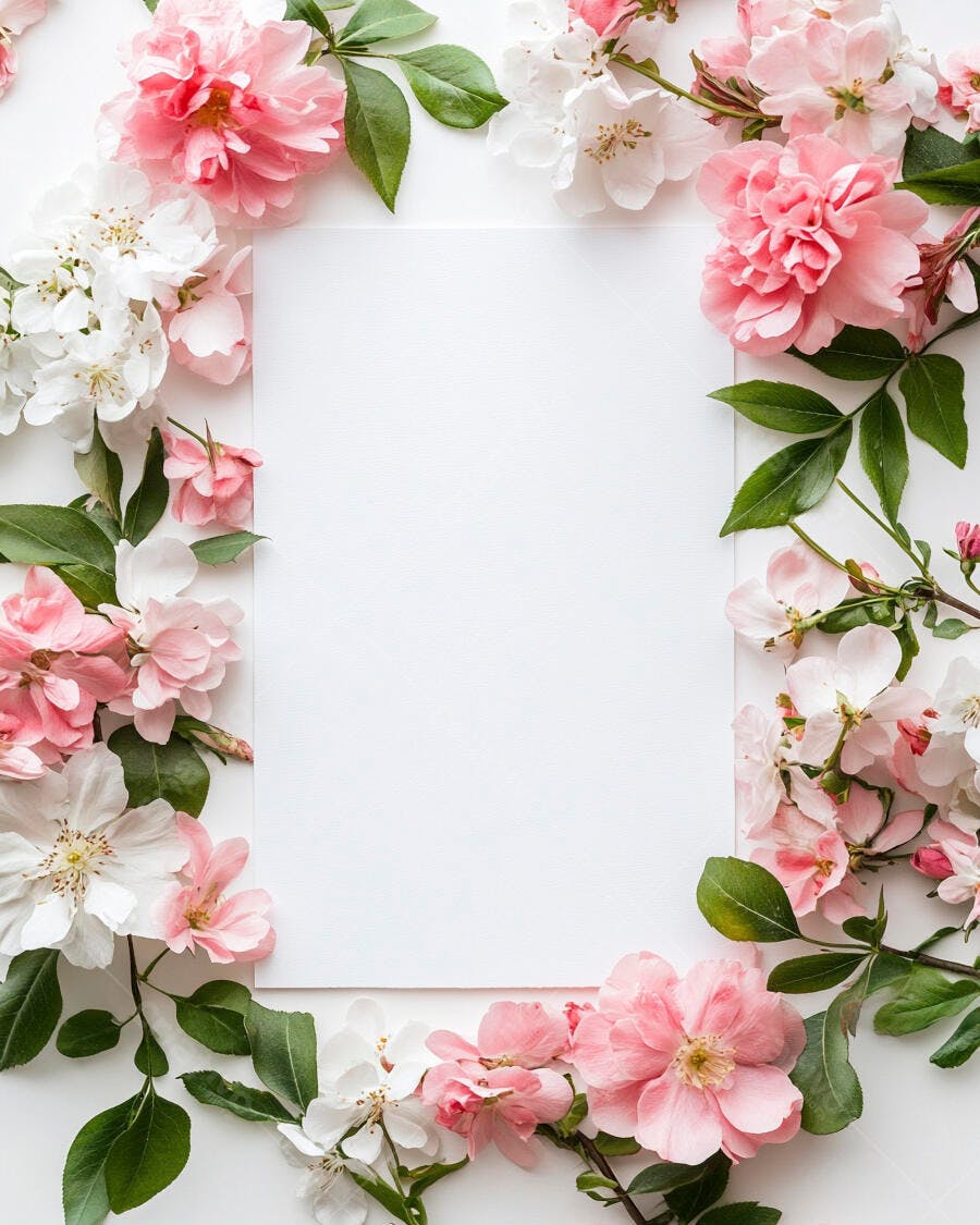 Flores rosas e brancas emolduram papel branco vazio para texto primavera