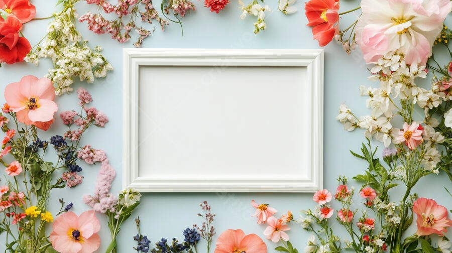 Moldura branca com flores coloridas em fundo azul claro primavera