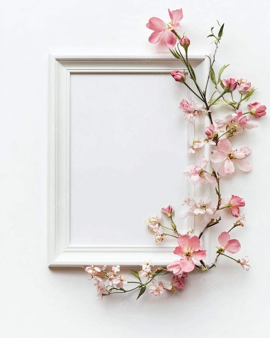 Moldura branca com flores rosas delicadas em fundo claro para mockup