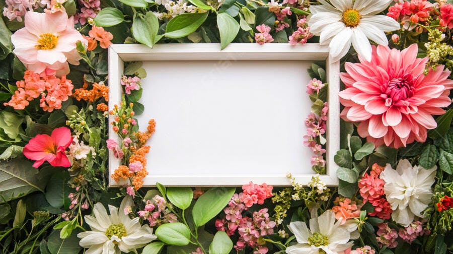 Moldura retangular branca cercada por flores coloridas da primavera