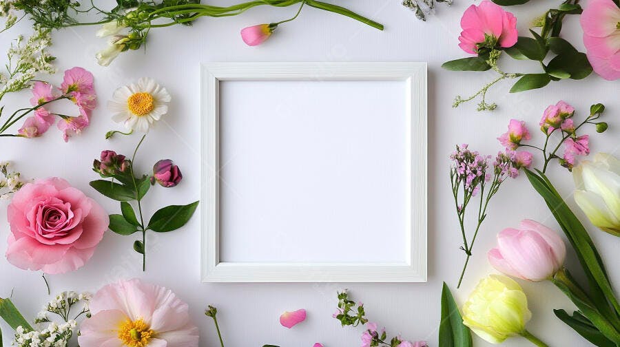 Moldura branca decorada com flores cor de rosa e brancas arranjo primavera