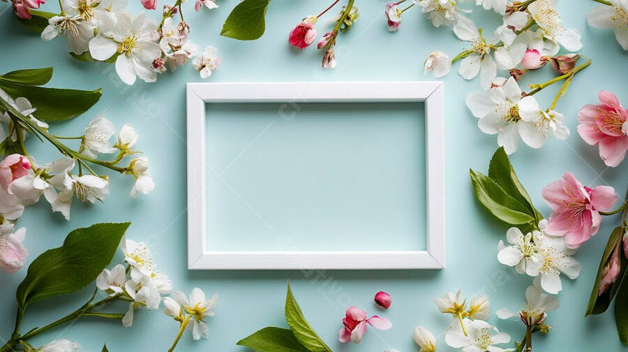 Moldura branca vazia cercada por flores brancas e rosas em fundo azul claro