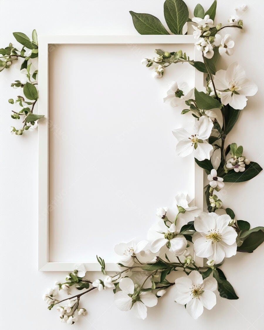 Moldura branca floral com flores brancas e folhas verdes fundo minimalista