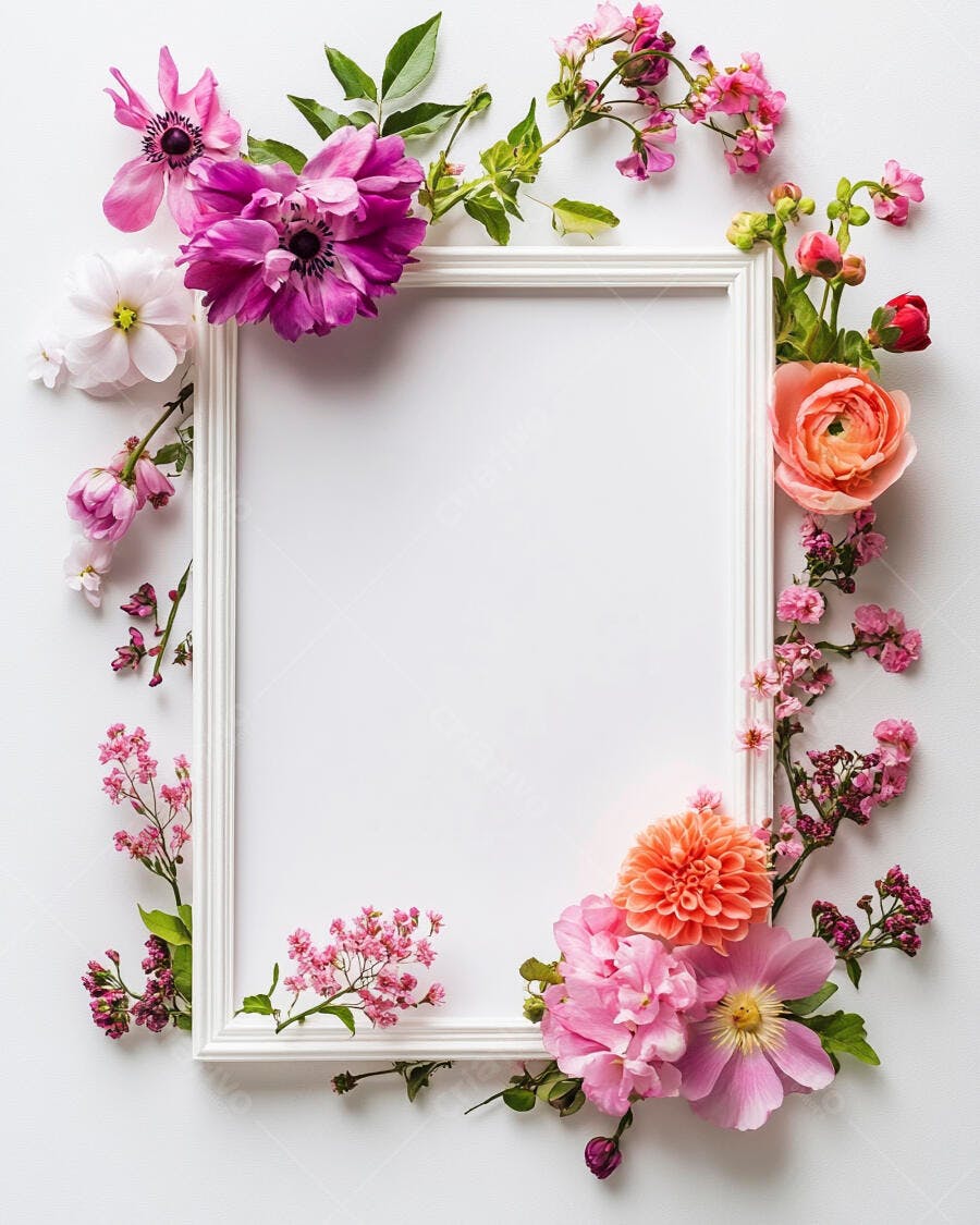 Moldura branca vazia cercada por flores vibrantes rosa laranja e verdes frescas em fundo claro