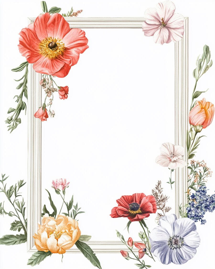 Moldura floral com botânica colorida e papoulas vermelhas e brancas