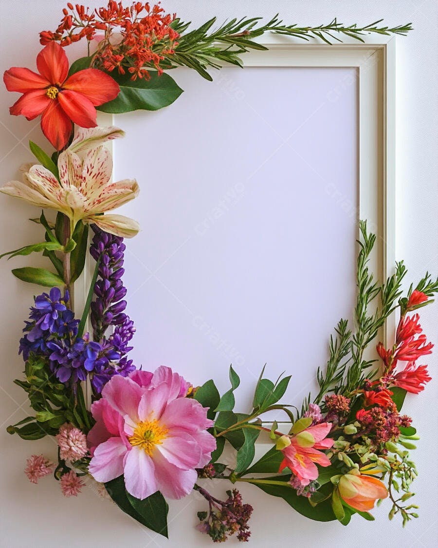 Moldura branca com arranjo de flores vibrantes rosa roxas e vermelhas