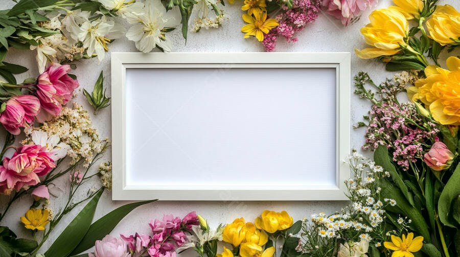 Quadro branco cercado por flores coloridas de primavera vista superior