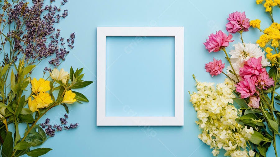 Moldura branca vazia com flores coloridas lavanda rosa e amarelas em fundo azul claro