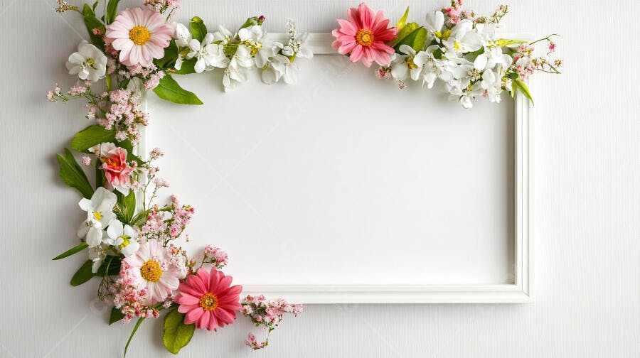 Moldura branca decorada com flores cor de rosa e brancas frescas