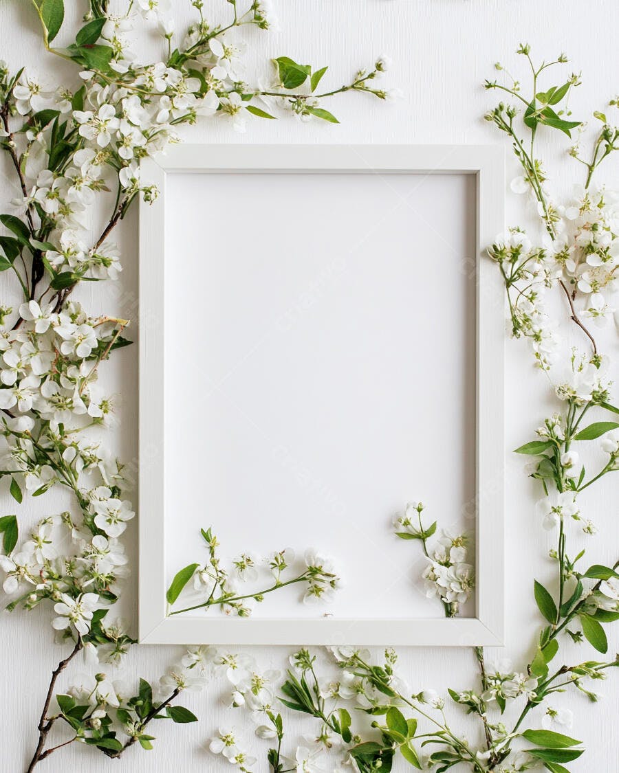 Moldura branca vazia cercada por delicadas flores brancas de primavera e folhas verdes