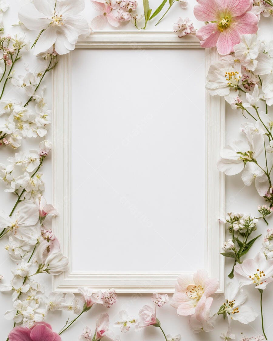 Moldura branca vazia com flores delicadas rosa e brancas