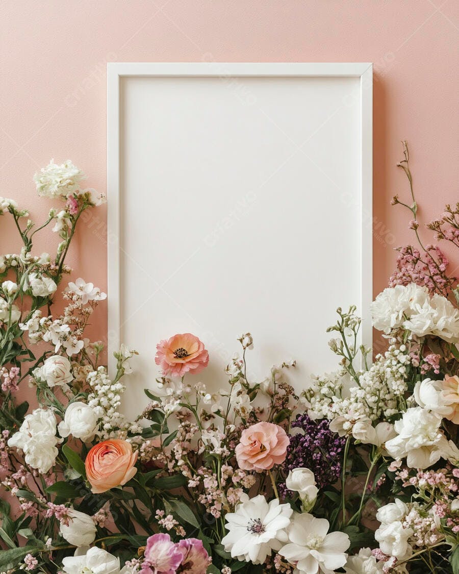 Quadro branco vazio com flores frescas em fundo rosa claro
