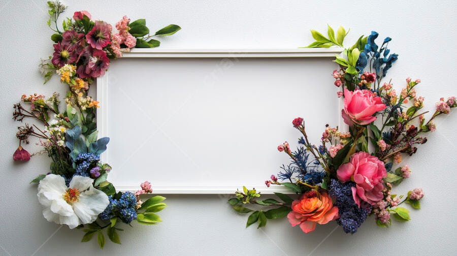 Moldura floral decorada com flores coloridas mistas em fundo branco estilo flat lay