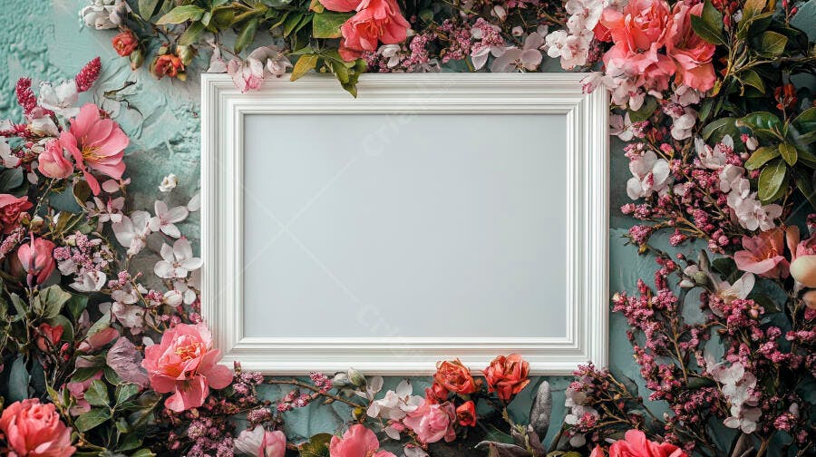 Moldura branca vazia rodeada por flores rosa e folhas verdes em fundo teal texturizado