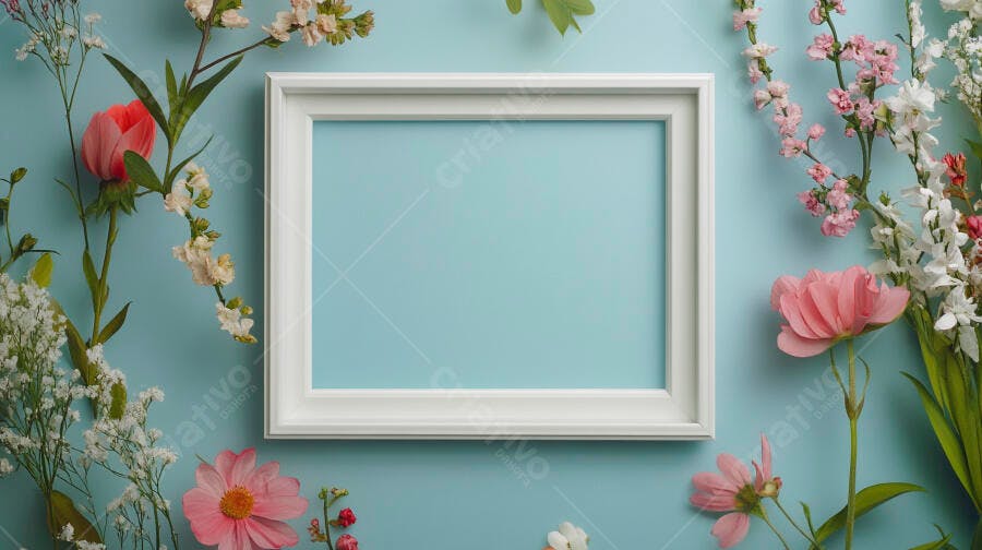 Moldura branca cercada por flores coloridas em fundo azul claro