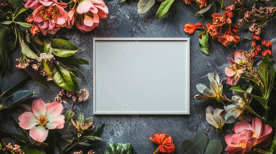 Moldura branca vazia em fundo cinza escuro com flores rosa e folhagens verdes escuras