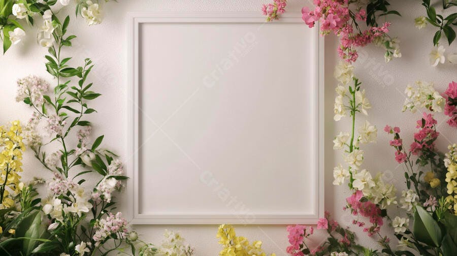 Quadro branco vazio com flores coloridas na parede