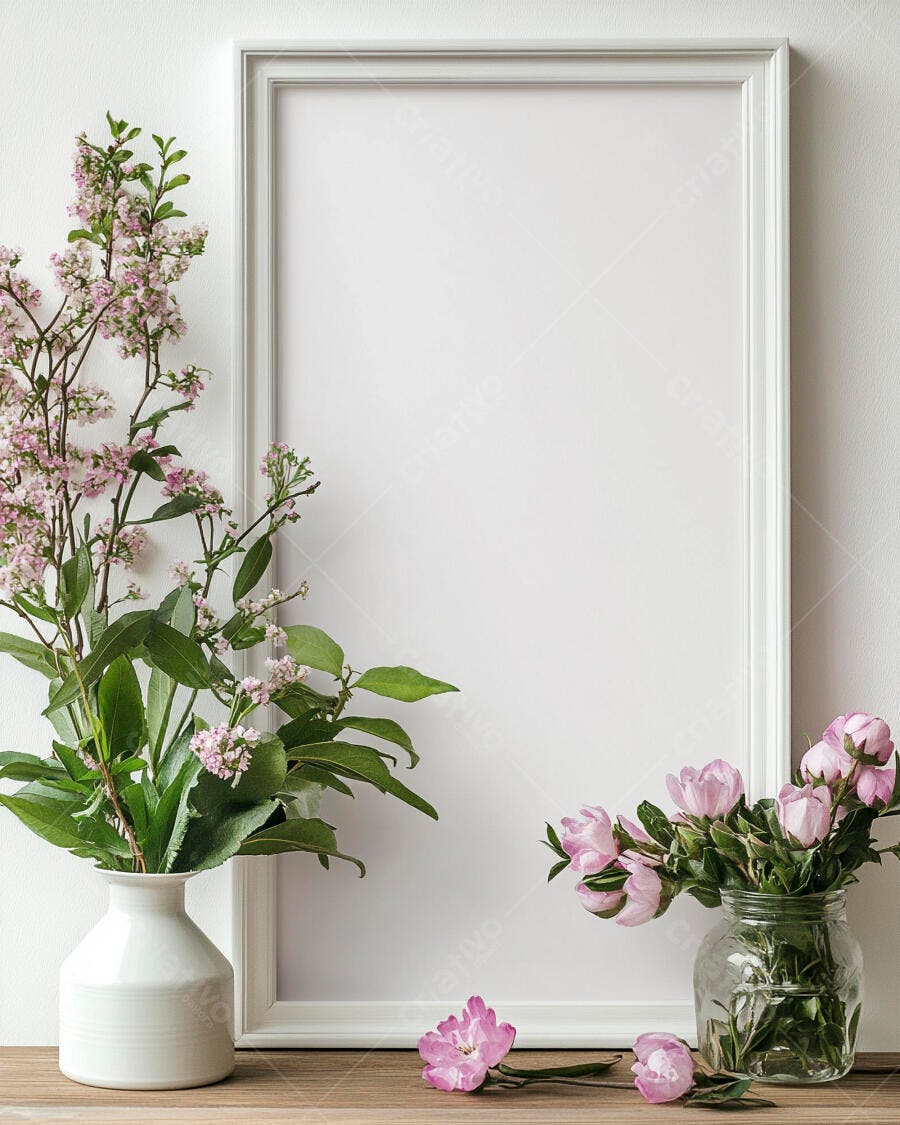 Moldura branca vazia com flores rosa e folhagem verde sobre madeira