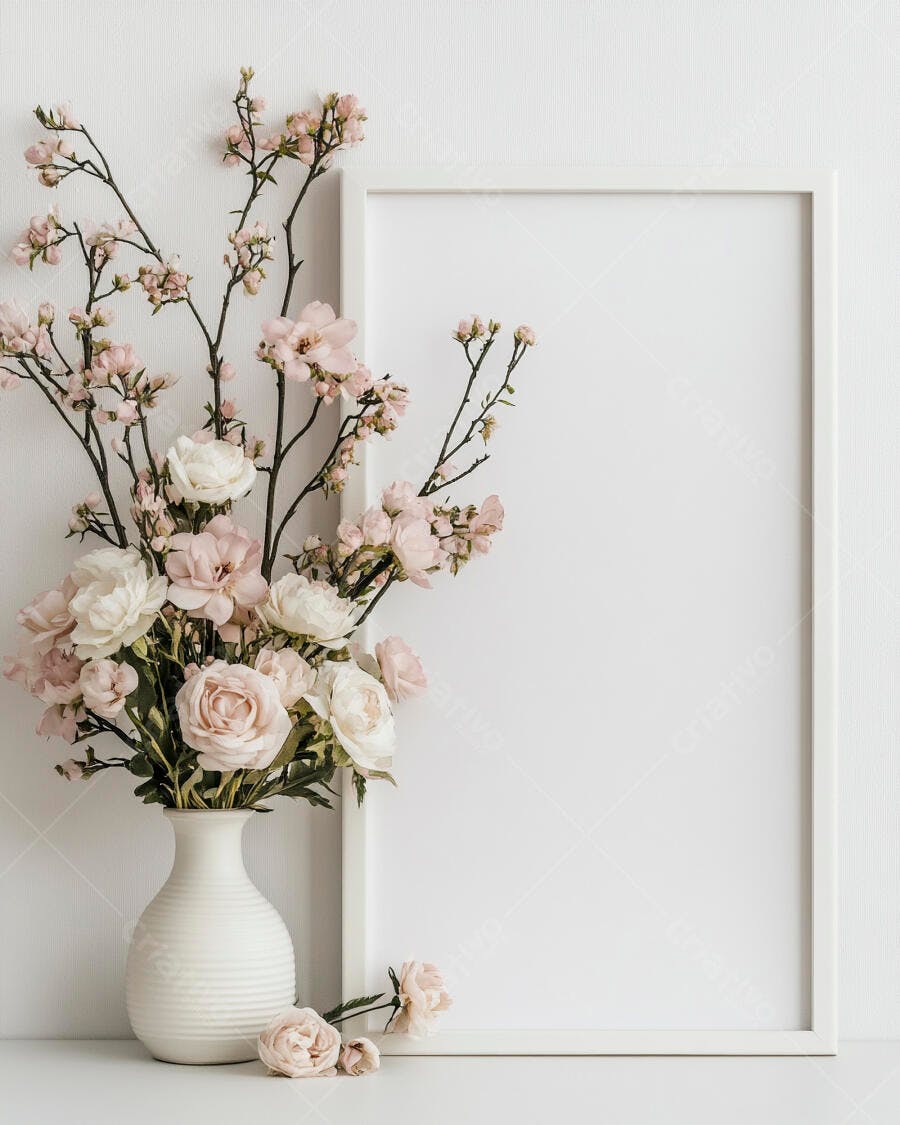 Arranjo floral de rosas e flores cor de rosa com moldura branca em ambiente clean