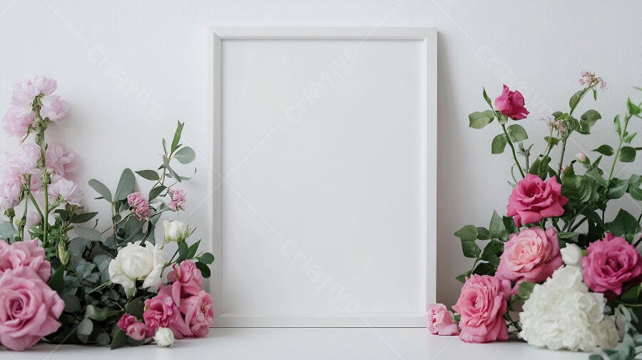 Moldura branca vazia com rosas rosa e eucalipto para mockup minimalista