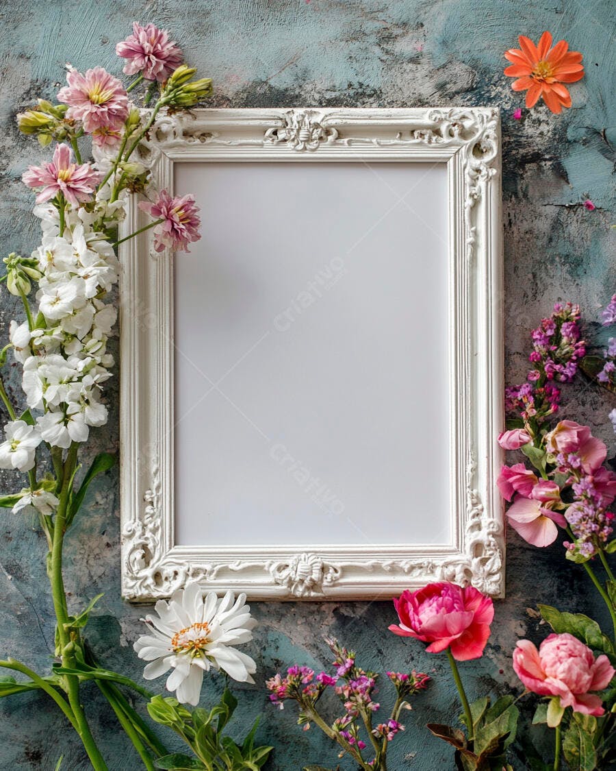 Moldura branca entalhada vazia com flores coloridas em fundo rústico azul