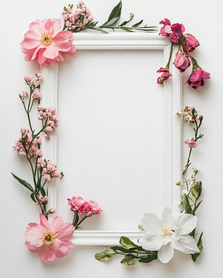 Quadro branco decorado com flores rosas e brancas vista de cima