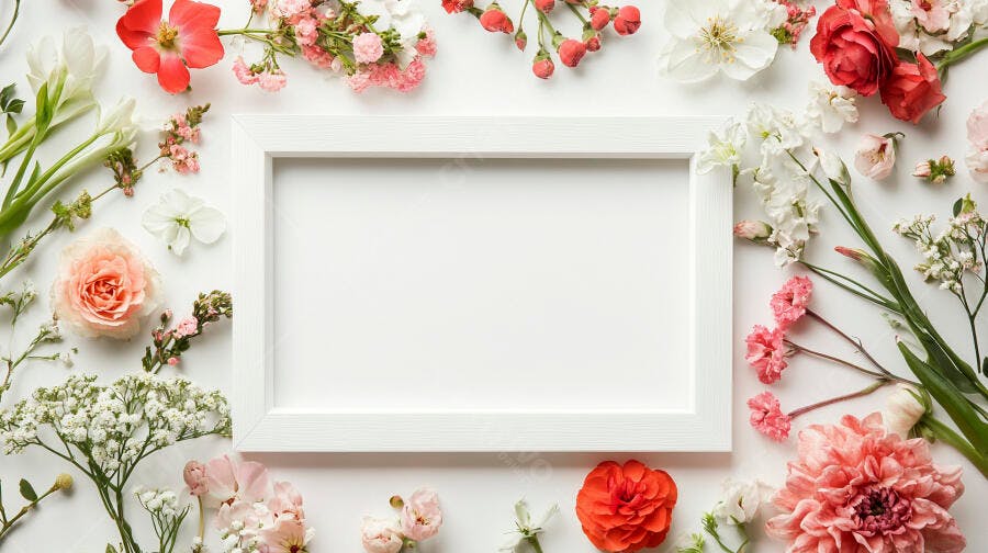 Flores frescas e moldura branca vazia em arranjo de primavera