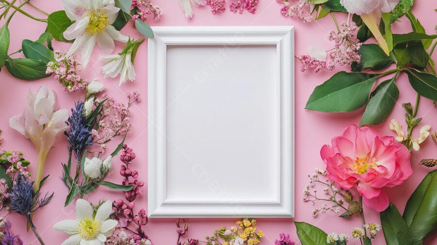 Quadro branco vazio com flores coloridas em fundo rosa pastel