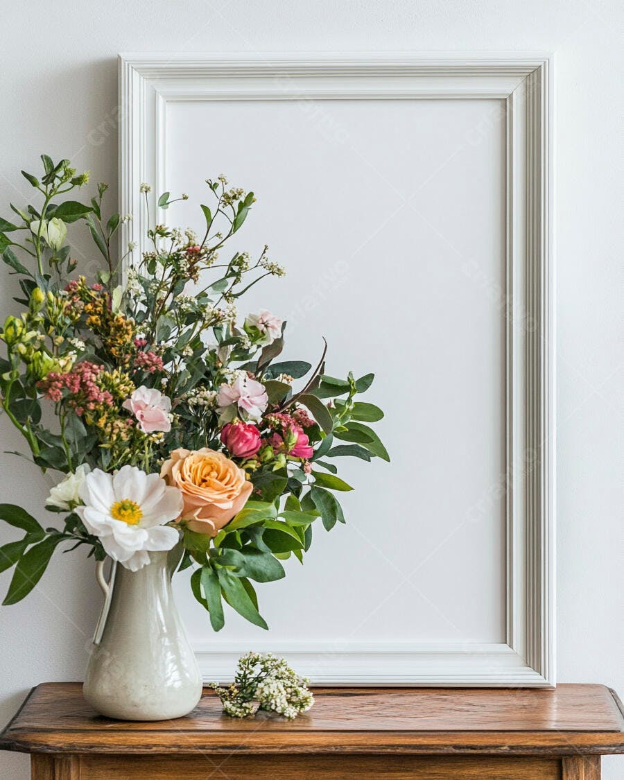 Buquê de flores frescas rosa pêssego e branco em vaso com moldura vazia na mesa de madeira