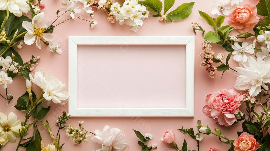 Moldura branca vazia sobre fundo rosa com flores brancas e pêssego